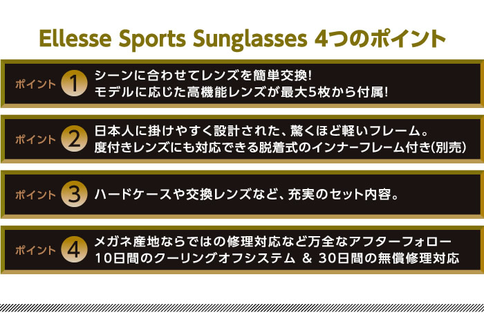 Ellesse Sports Sunglasses 4�ĤΥݥ���� ������˹�碌�ƥ�󥺤��ñ�򴹡���ǥ�˱������ⵡǽ��󥺤�����5�礫����°�� ���ܿͤ˳ݤ��䤹���߷פ��줿���ä��ۤɷڤ��ե졼�ࡣ���դ���󥺤ˤ��б��Ǥ���æ�弰�Υ���ʡ��ե졼���դ�������� �ϡ��ɥ�������򴹥�󥺤ʤɡ����¤Υ��å����ơ� �ᥬ�ͻ��Ϥʤ�ǤϤν����б��ʤ������ʥ��ե����ե����� 10���֤Υ�����󥰥��ե����ƥ� & 30���֤�̵�������б�