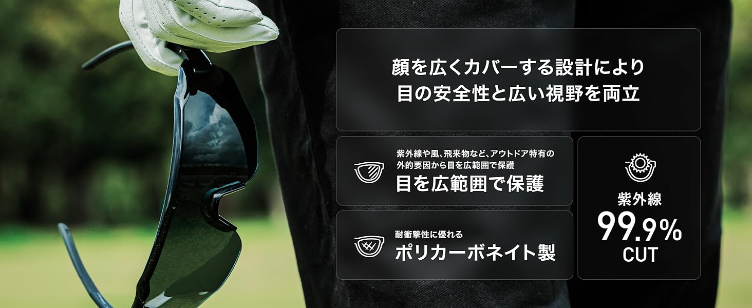 顔を広くカバーする設計により目の安全性と広い視野を両立