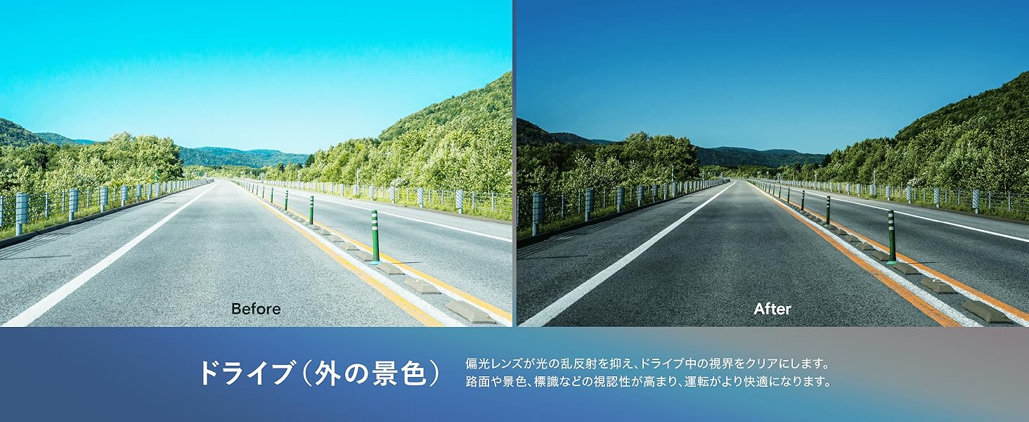 ドライブ（外の景色）偏光レンズが光の乱反射を抑え、ドライブ中の視界をクリアにします。路面や景色、標識などの視認性が高まり、運転がより快適になります。