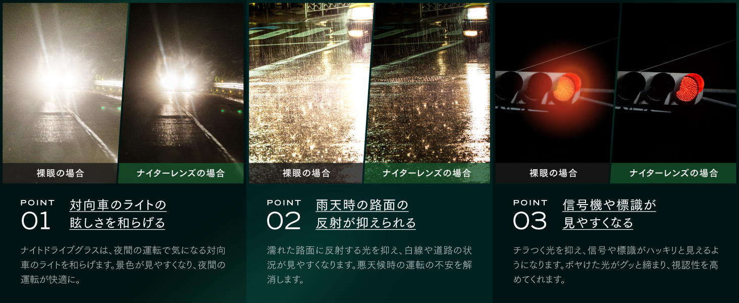 ナイトドライブグラスは、夜間の運転で気になる対向車のライトを和らげます。景色が見やすくなり、夜間の運転が快適に。